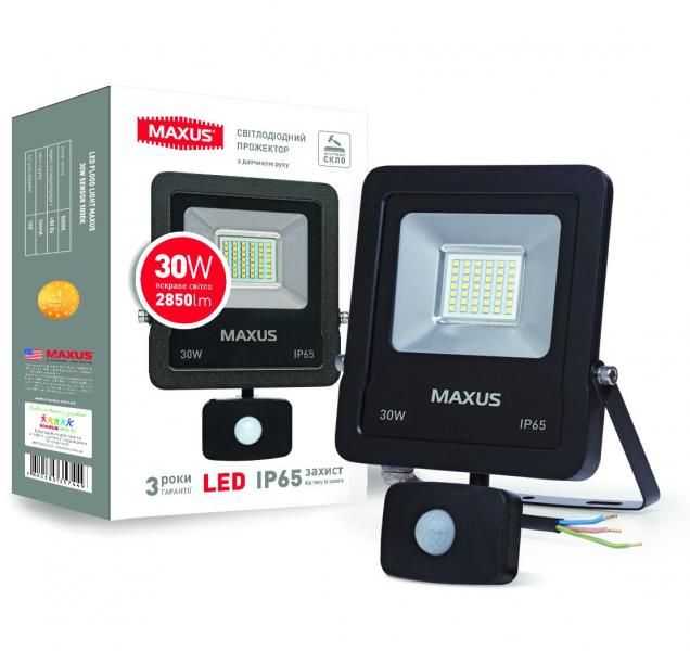 Прожектор светодиодный MAXUS с датчиком движения 30 Вт 5000K 1-MAX-01-LFL-3050S 2850 Лм 1-MAX-01-LFL-3050S фото